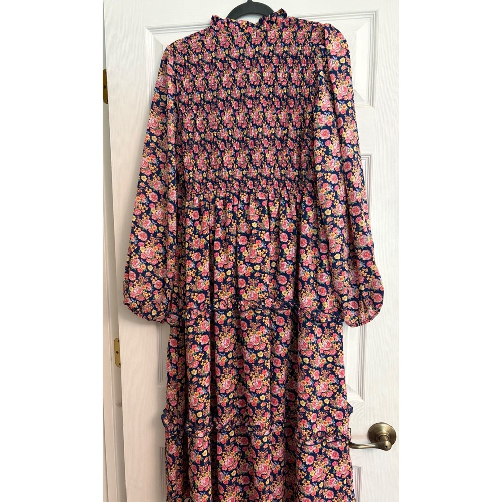 New Simply Southern Floral Smocked Tiered Maxi Dress Navy Pink XL Peasant Boho - Picture 6 of 12